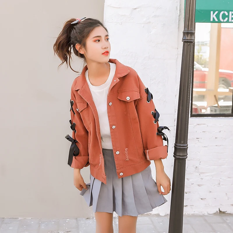 

Outerwear Womens jeans jacket Preppy style bow bandage denim Jackets female candy color women Jacket hole Bomber jackets