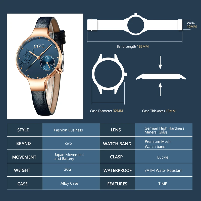 CIVO модные повседневные женские часы Топ люксовый бренд Дамский кожаный ремешок водонепроницаемые кварцевые часы женские часы Relogio Feminino