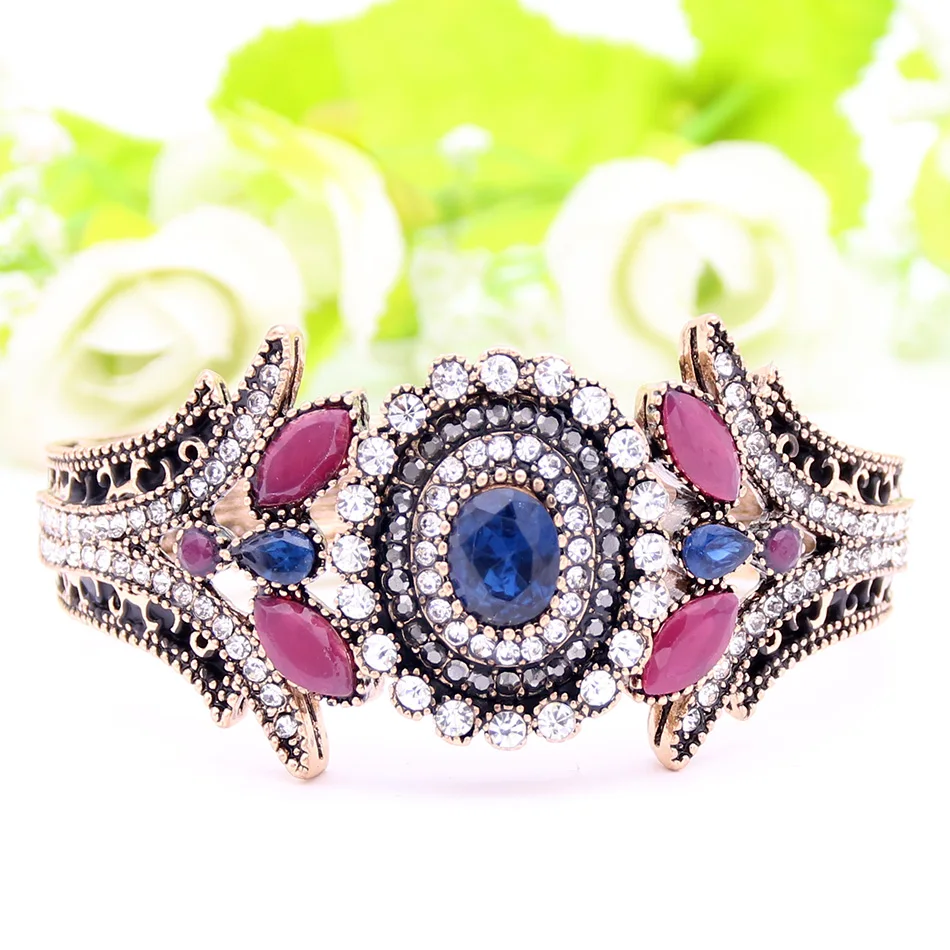 

Exclusive Turkish Women Flower Bracelet Bangle Resin Rhinestone Jewelry Cuff Antique Gold Color Paisley Pattern Bridal Jewelry