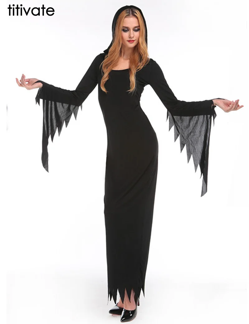 TITIVATE Adult Witch Costume Black Halloween Cloaks Hood Sexy Hen Party ...