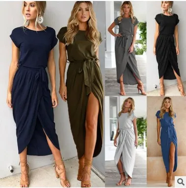 

Solid color anti-sleeve flat short-sleeved round neck irregular long dress cotton dress