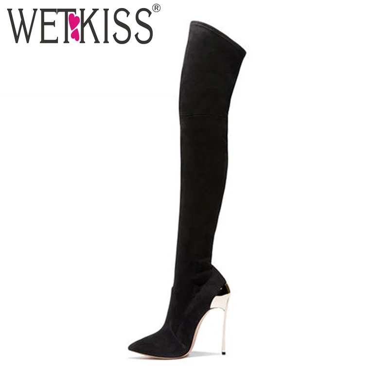 

WETKISS 2018 New Occident Over The Knee Women Boots Pointed Toe Footwear Warm Stretch Boot Flock High Heels Ladies Shoes