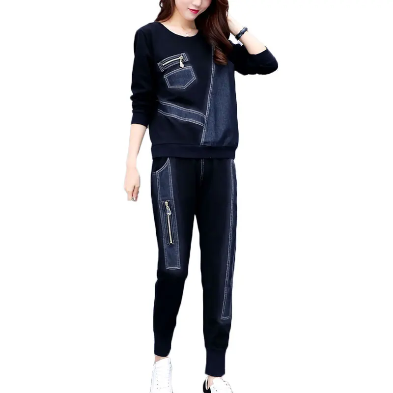 

autumn new women pullover loose top pants zip pocket denim outfit stitching plus size long-sleeved leisure fashion suits vestid