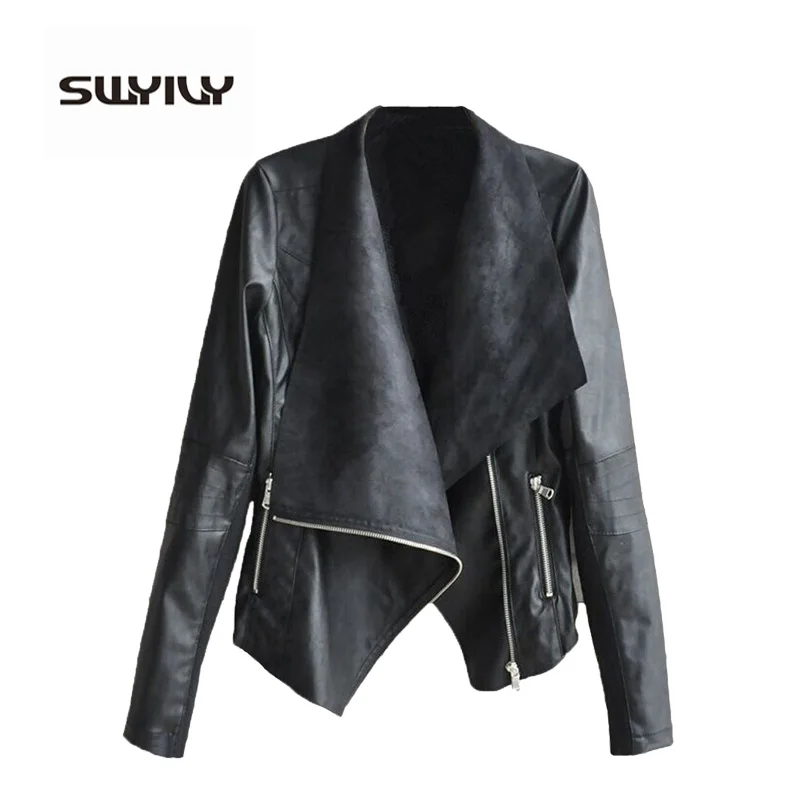 

Big Size 4XL Zipper Irregular Long Sleeves Leather Jacket 3 Colors Large Turn Down Collar Autumn Outwear Women Casual Biker Coat