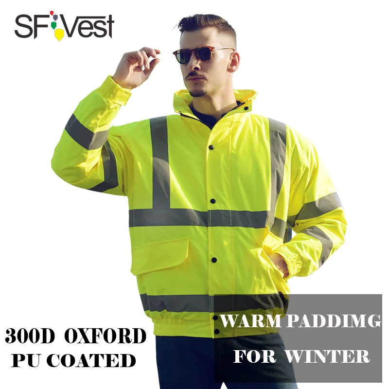 

Fluorescent Yellow Reflective bomber jacket mens Safety Clothing High Visibility Thermal Padding jacket for men in Winter