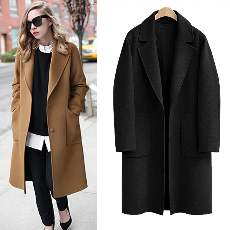 

New Autumn Winter Women Coat Plus Size Casual Loose Solid MD-Long Style Open Stitch Woolen blends Coat For Women Large Outerwear