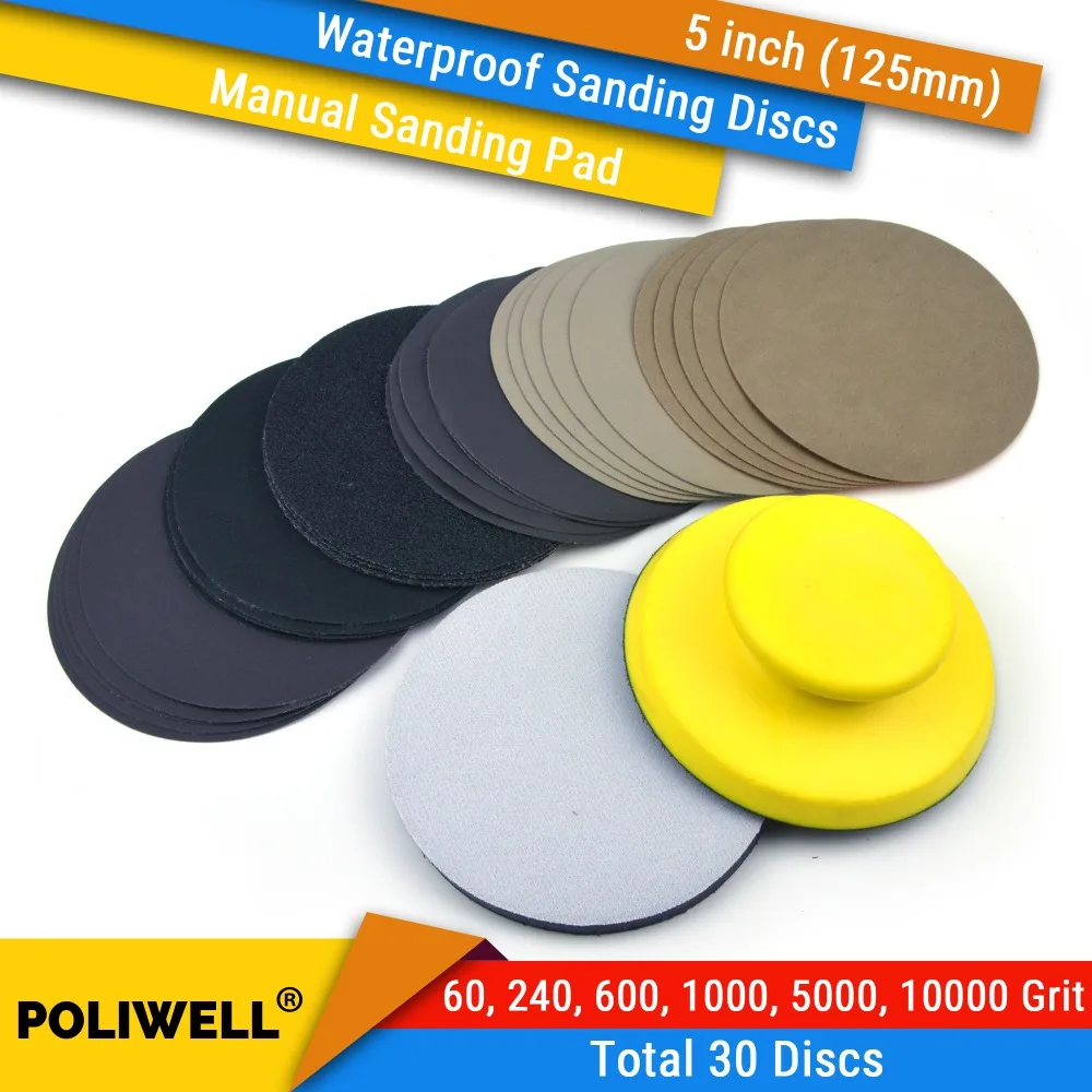 

30PCS 5 Inch(125mm) Hook&Loop Waterproof Sanding Discs + Hand Sanding Pad + Soft Sponge Interface Pad Car Manual Polishing Kit