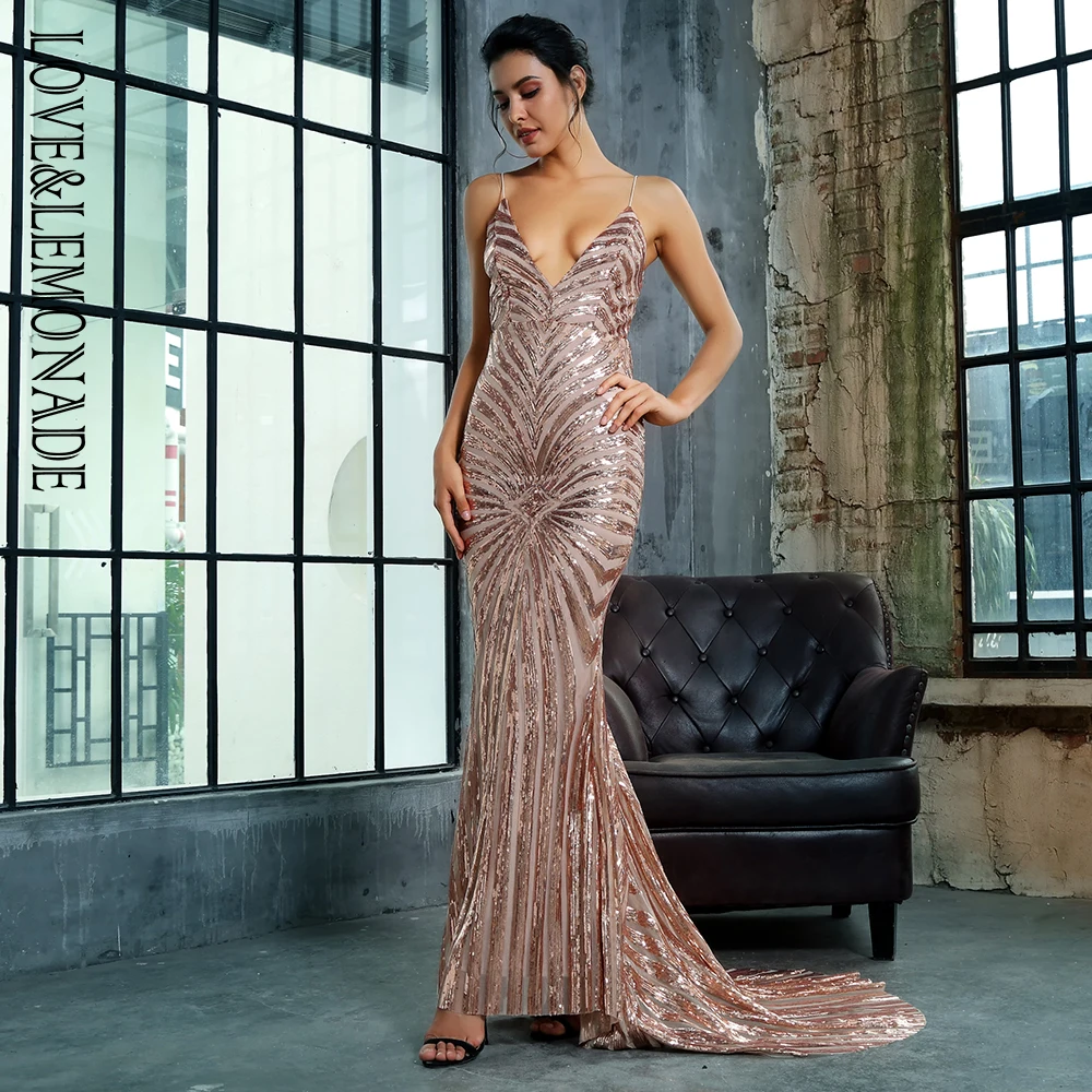 LOVE&LEMONADE Gold Deep V Neck Open Back