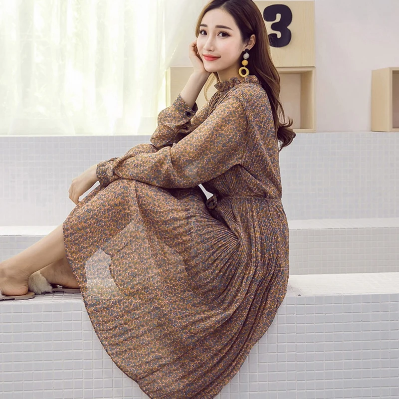 Round-neck Full Sleeve Pleated Chiffon Dress Women Spring Floral Print High Elastic Waist Female Midi Dress Vestidos 2019