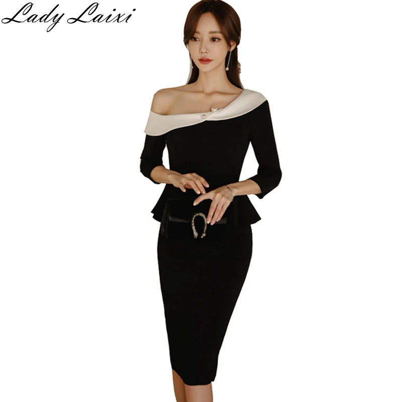 

One Shoulder Bodycon Women Dress White Black Color Block 3/4 Sleeve Elegant Ruffles Lady Party Work Pencil Dress Vestidos