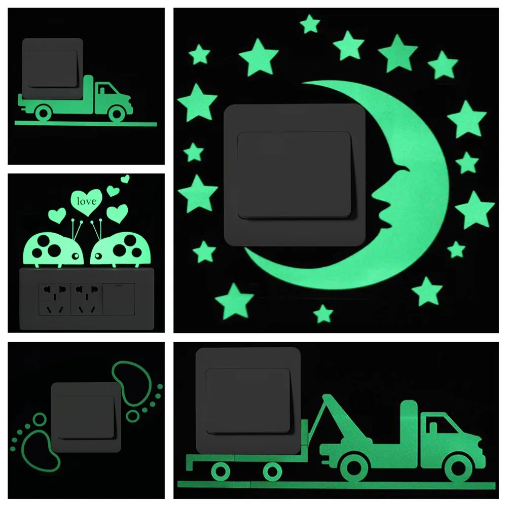 Luminous Cartoon Switch Sticker Glow in the Dark Cat Sticker Fluorescent Fairy Moon Stars Kid Room Decoration Home Decor luminous wall stickers wall stickers vinyl decal stickers