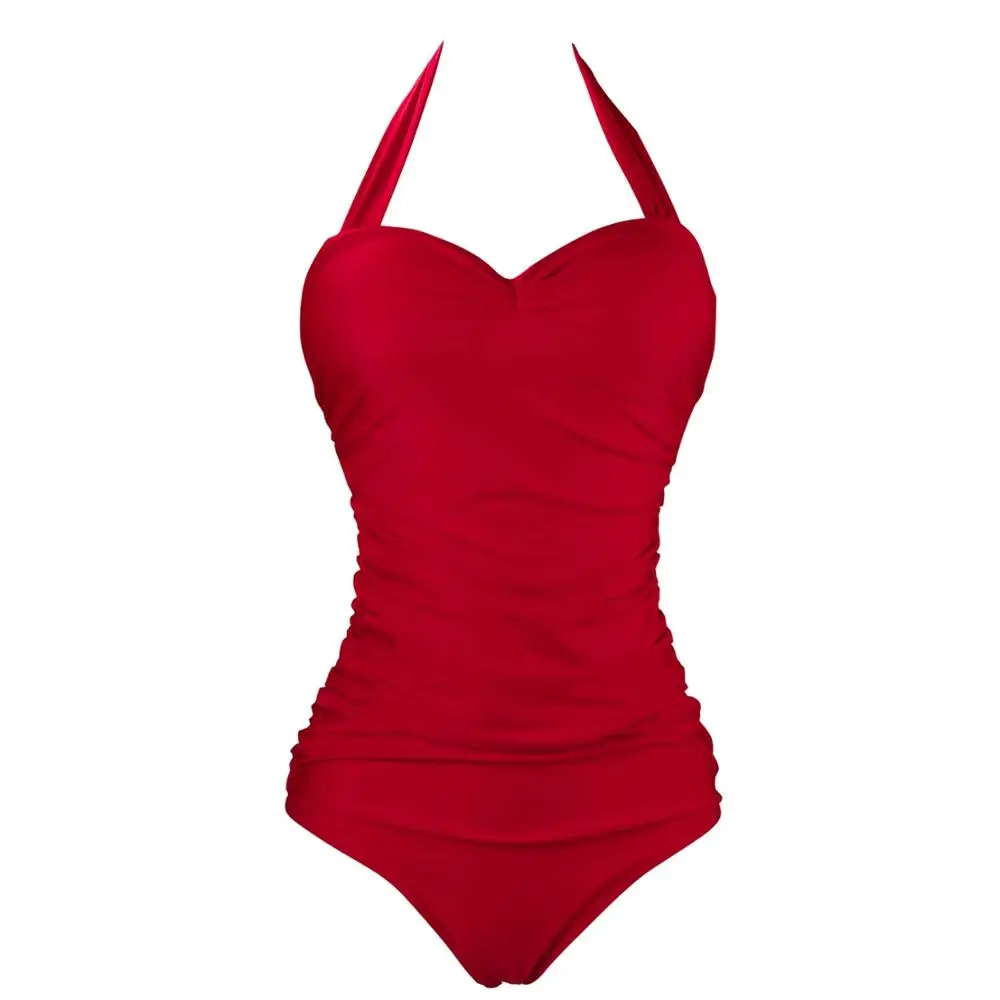Классический сплошной красный купальник, летний женский купальник с лямкой через шею, Цельный купальник, облегающий боди для похудения, монокини - Цвет: Красный