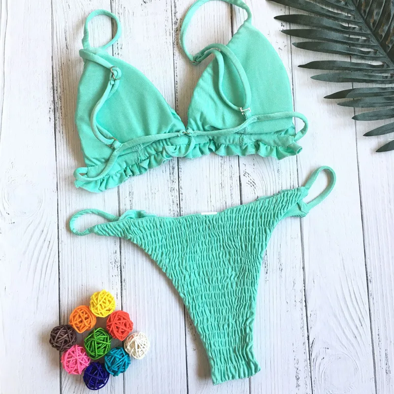 Kaufen Rüschen Bralette Gesmokt Bikini Frauen Badeanzug Spaghetti trägern Bademode Sexy Badeanzug Gepolsterte Biquini Beach wear Monokini