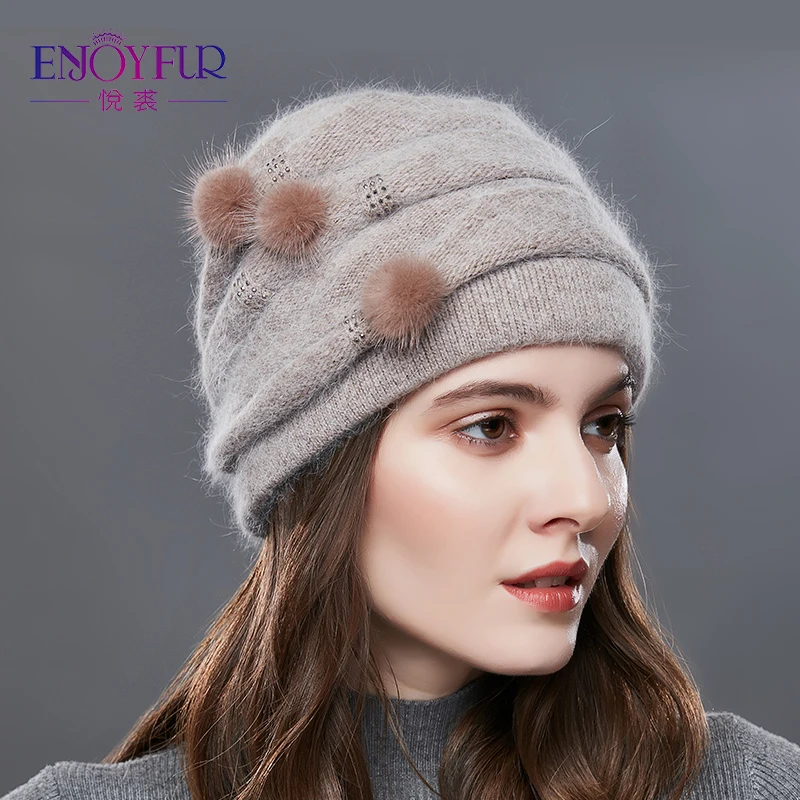 ENJOYFUR Cashmere Pompom Women Winter Hats Caps Stripe Knitted Hat