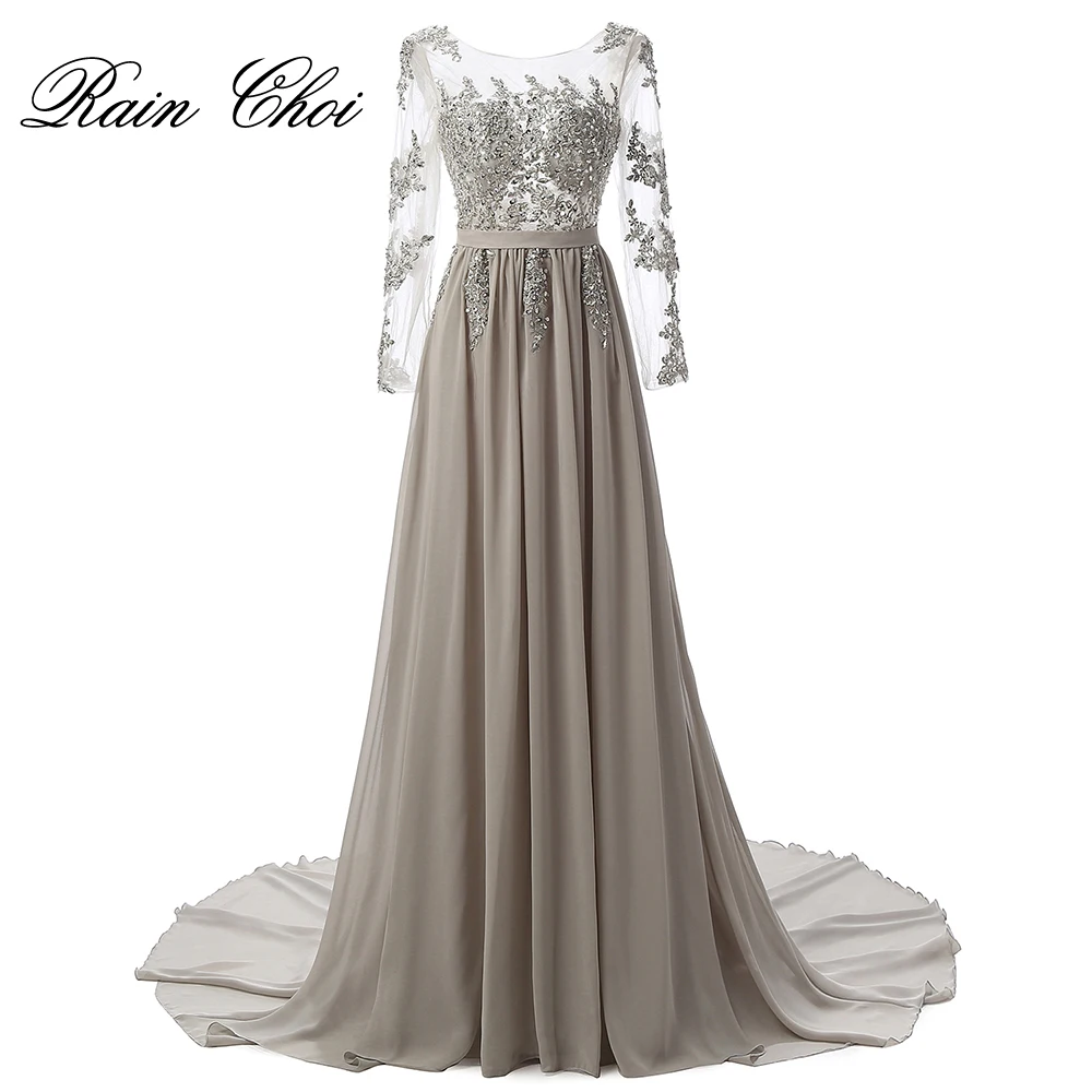 Real Photo Long Sleeves Formal Evening Gown Gray