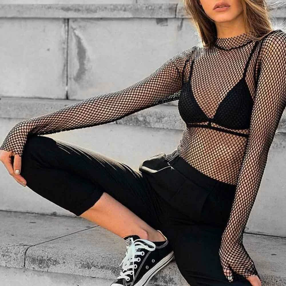 

KLV Women's Mesh Goth Long Sleeve Fishnet Tops T-Shirt Female Sexy Black Hollow Perspective Slim Mesh T-Shirts