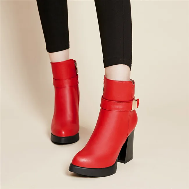 YMECHIC/ вечерние женские офисные туфли с пряжкой; сезон осень-зима; цвет красный, черный, серебристый; женские ботильоны на высоком каблуке размера плюс