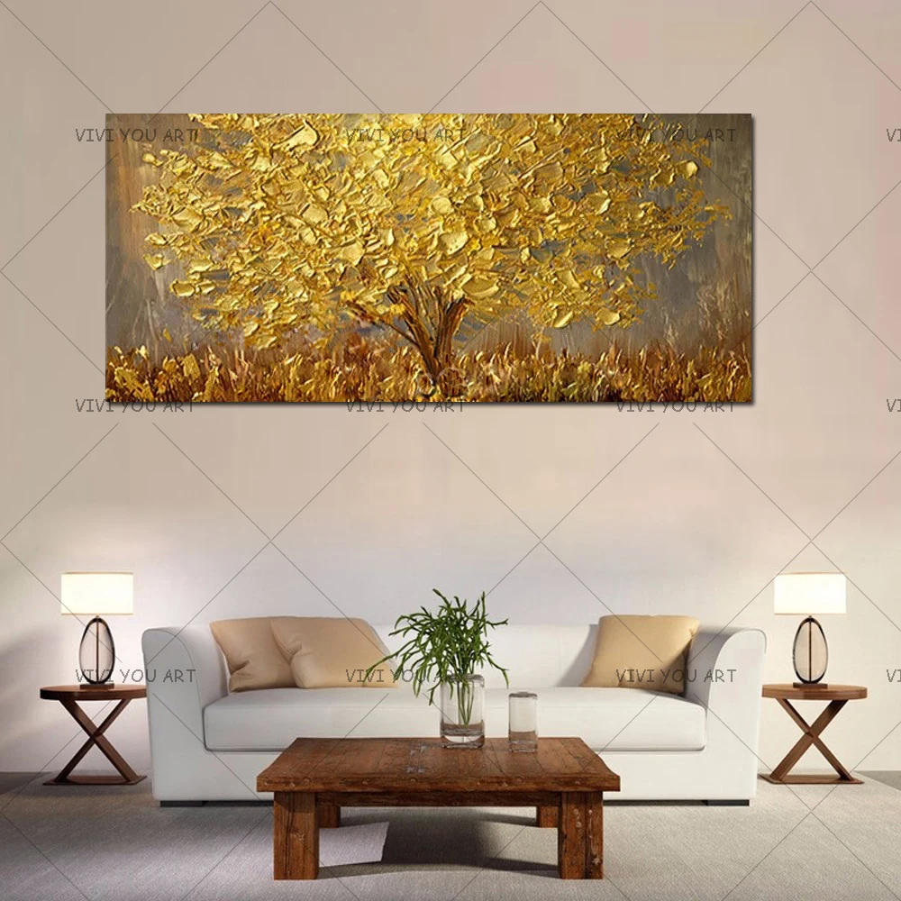 Абстрактные настенные художественные картины ручная роспись нож золотое дерево картина маслом на холсте большая палитра 3D картины для гостиной современные