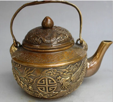 

Collect Chinese Antique Carved Dragon And Phoenix Copper Teapot Flagon fast Shipping