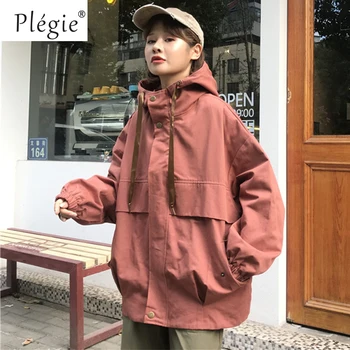 

Plegie New Spring Hooded Bomber Jacket Women Unisex Loose Jacket Student BF Harajuku Coat Oversize Jacket Female Basic Coats