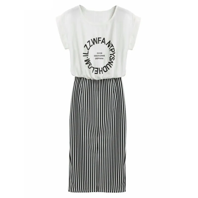 

Women 2 in 1 One-piece Letter Print Striped Blouse Dress Midi Short Sleeve Bodycon Long Dress S3