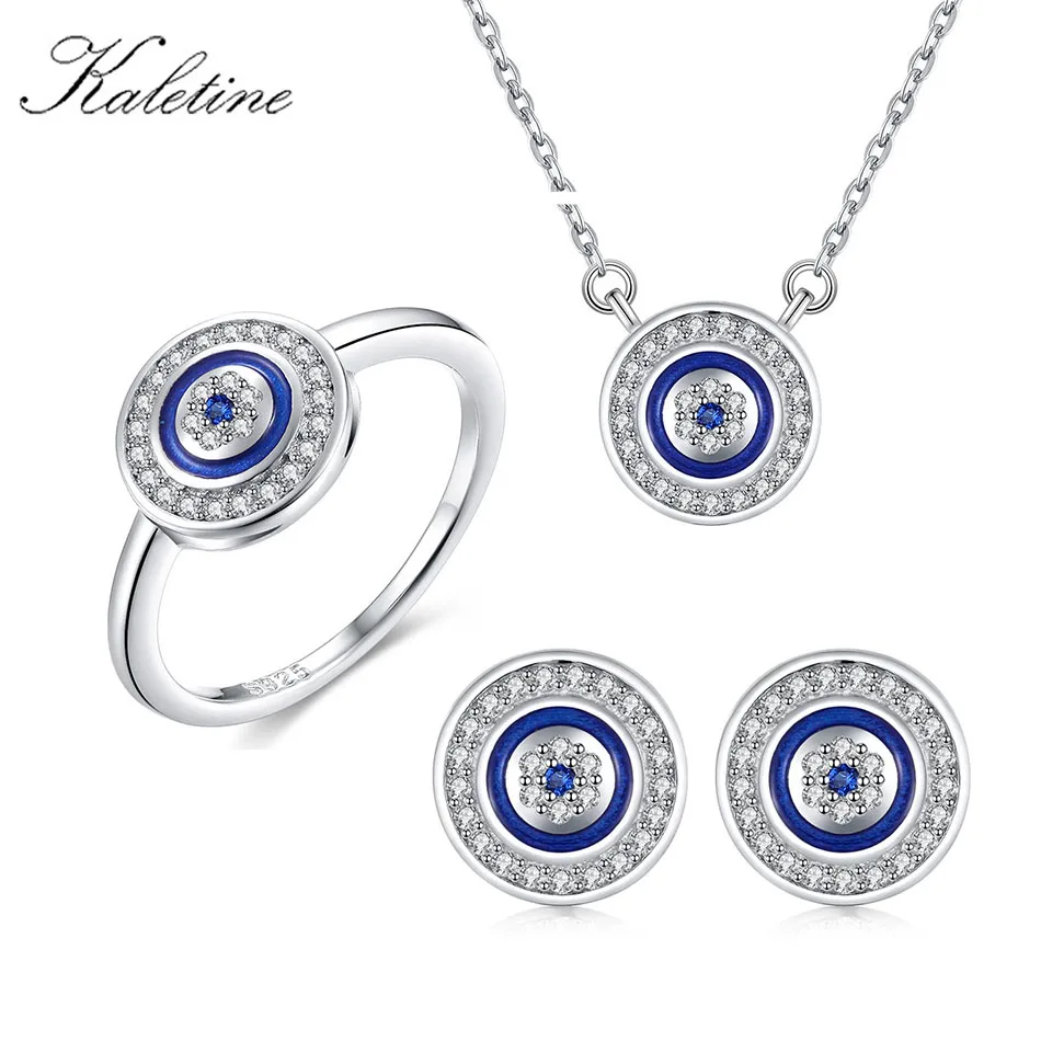 KALETINE Турция CZ сглаза 925 пробы наборы серебряных ювелирных изделий для женщин синий круглый кулон ожерелье кольцо серьги гвоздики свадьба - Окраска металла: White Gold