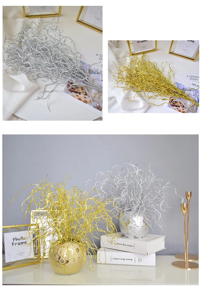 Золотой Серебряный Блестящий блестящий цветок ветви искусственная сушеная позолоченная трава Свадебная вечеринка Рождественский цветок для украшения дома
