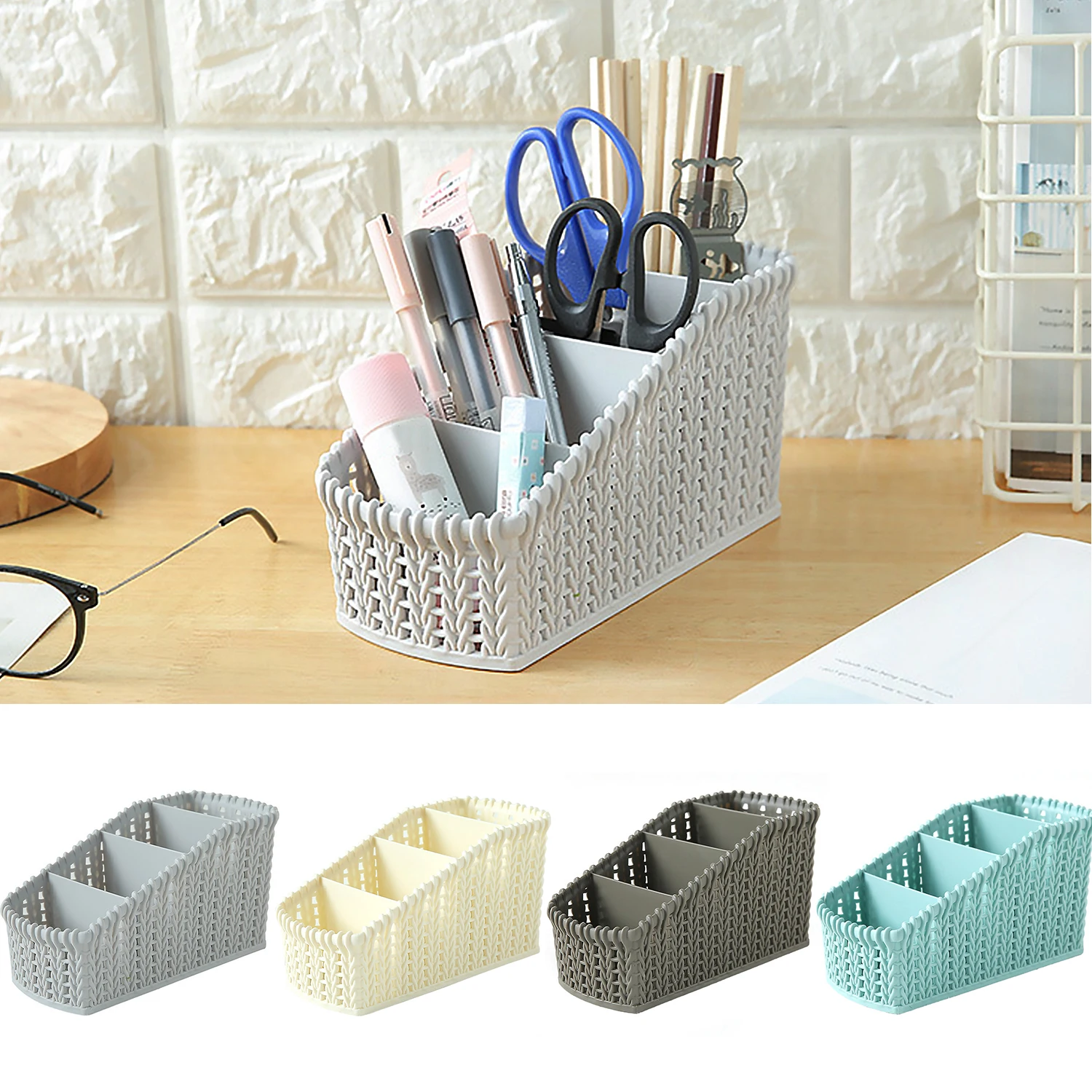 

4-Grid Fashion Imitation Rattan Weave Plastic Desktop Table Storage Box Organizer Container for Home Office Bedroom Kitchen