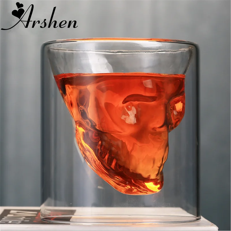 Arshen творческий 4 Размеры двойными стенками череп выстрел стекло пивная чашка прозрачный вина Виски шампанское коктейли посуда для напитков вечерние п