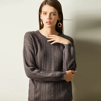 

women's casual round neck loose sleeve sweater female solid color sweater retro plaid simple fashion cashmere s
