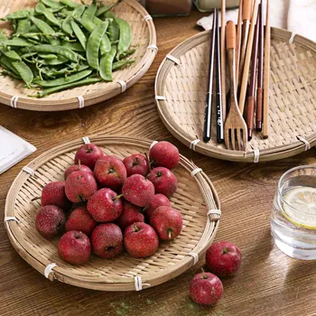 

OTHERHOUSE Bamboo Plate Desktop Storage Basket Fruit Plate Tray Fruit Nuts Bread Food Container Holder Dustpan Home Organizer