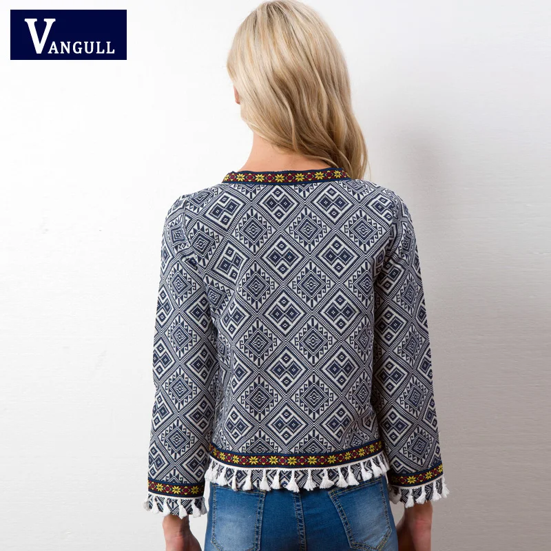 Vangull Tribal Embroidered Jacket Blue Vintage Fringe Tape Trim Women Autumn Coat 2018 Spring Long Sleeve Tassel Boho Jacket