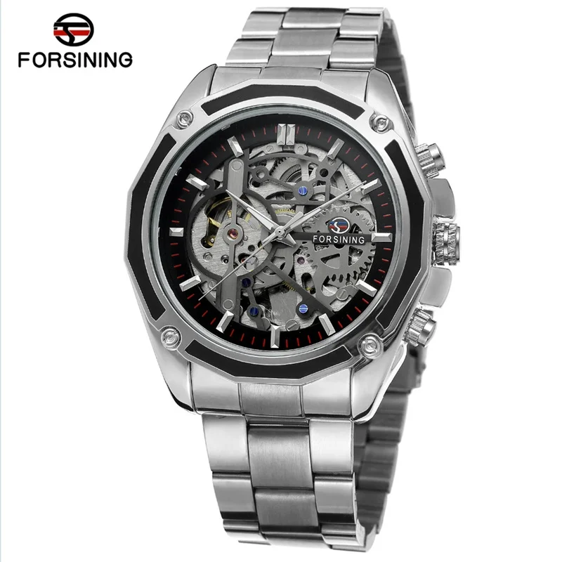 FORSINING Мужские автоматические мужские механические часы с самообмоткой скелетные часы мужские роскошные деловые наручные часы мужские водонепроницаемые часы - Цвет: Silver Black