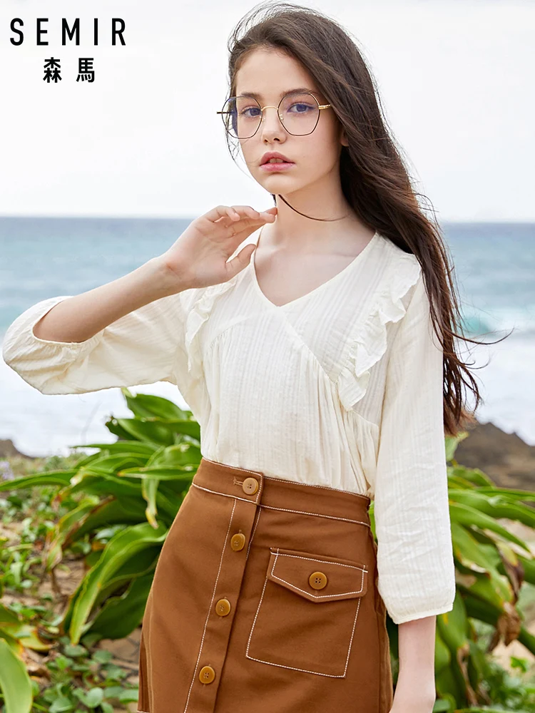 

SEMIR Long Sleeve Blouse Women 2019 Autumn New V-neck Doll Shirt Fresh and Sweet Tops cotton casual Ruffles shirt