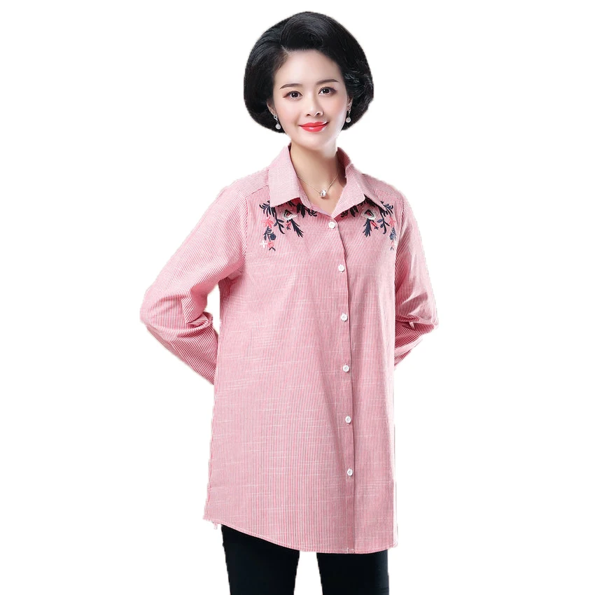 

WAEOLSA Woman Casual Shirt Loose Fitting Top Spring Autumn Women Pink Blue Pinstripes Shirts Comfort Flower Embroidery Top 2019