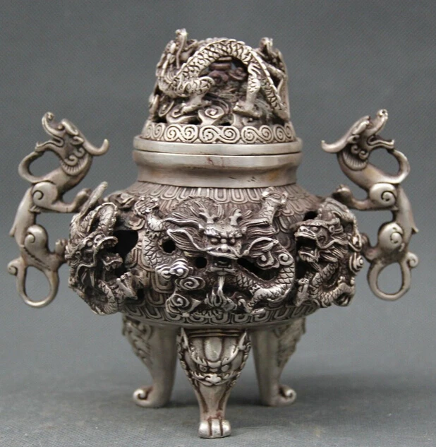 

7" Marked Chinese Dynasty Palace Silver 9 Dragon Beast Incense Burner Censer S0705