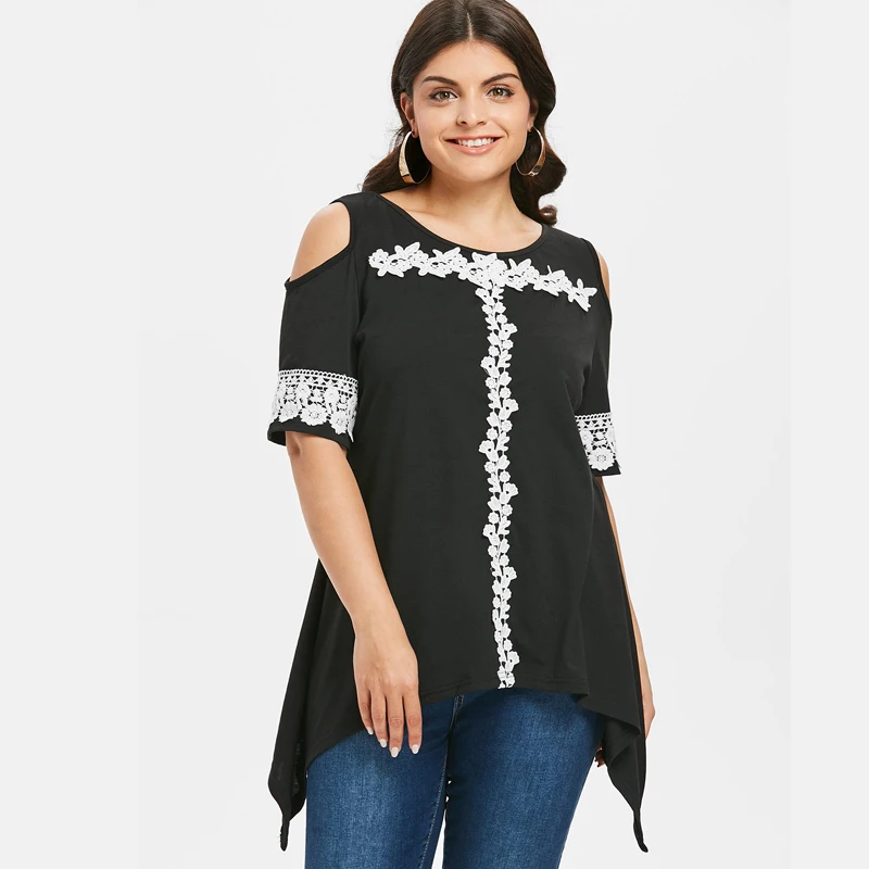 Women Casual Open Shoulder Flower Plus Size Floral Black Short Sleeve Fashion Lace T-shirt | Женская одежда