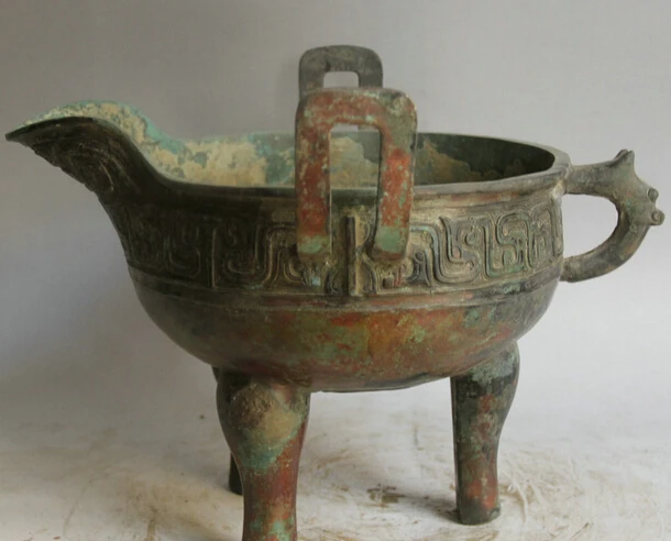 

JP S0524 14" Old Chinese Bronze Folk 3 Foot Beast handle cup goblet Incense Burner Censer