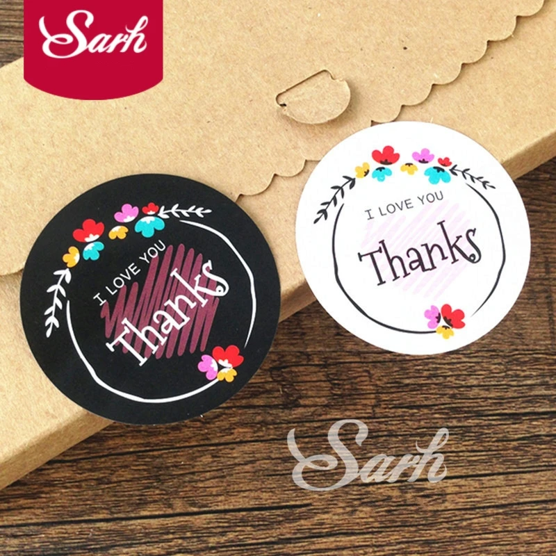 

80Pcs Craft Black White Pink Flower Thanks I LOVE YOU Sealing Label Kraft Sticker Baking DIY Round Gift Stickers 5x5cm M1001