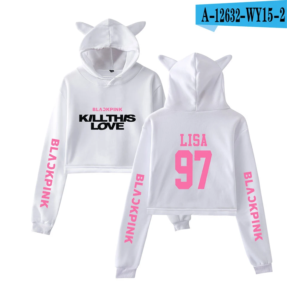 Черный розовый альбом KILL THIS LOVE Basic Street Повседневные толстовки с кошачьими ушками Толстовка для женщин крутой пупок Толстовки размер - Цвет: white