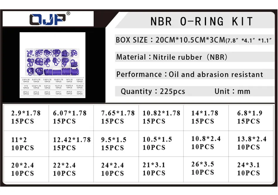 225 шт. 18 размеров резиновые кольца Фиолетовый NBR уплотнительное кольцо Нитриловый Омыватель уплотнительные кольца Ассортимент Комплект уплотнительное кольцо набор прокладок коробка