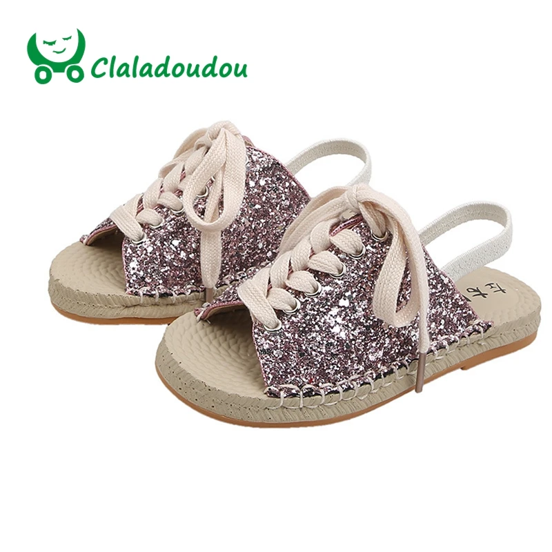 

Claladoudou 17-19.5CM Brand Kids Fashion Bling Bling Girls Sandals Lace Up Causal Summer Shoes Toddler Beach Slippers For Baby