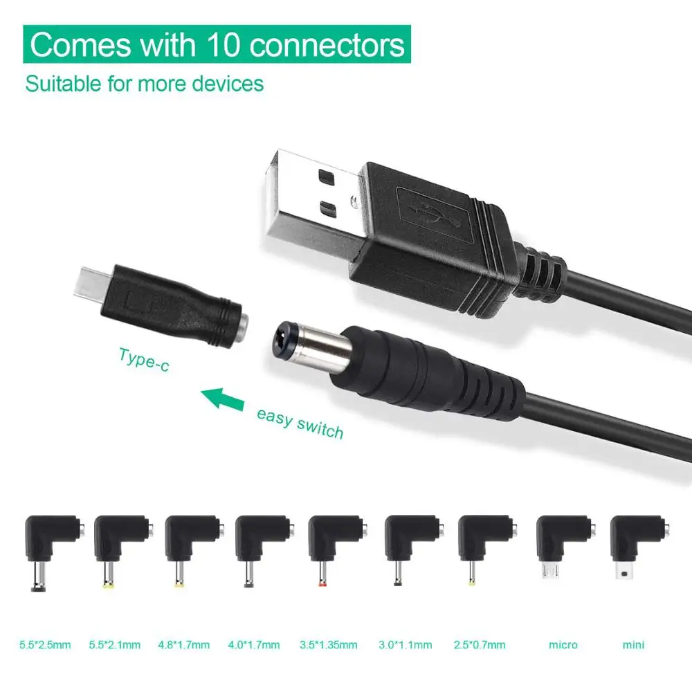 Универсальный USB для DC 5,5x2,1 мм штепсельный шнур питания с 10 разъемами для роутеров, мини-вентиляторов, динамиков, камер, смартфонов и т. Д