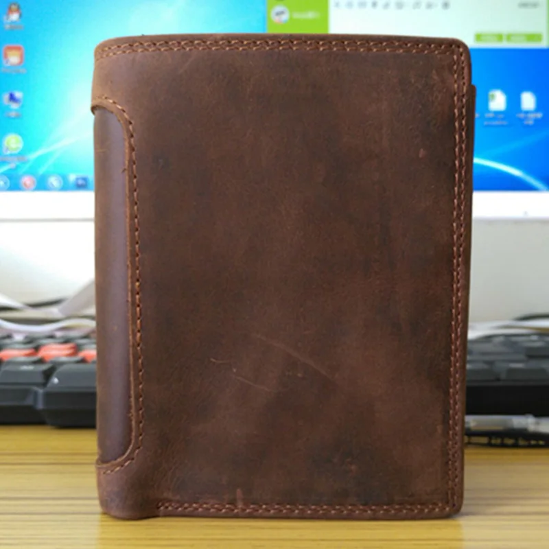 

NEWEEKEND Genuine Leather Oil Top Skin Vertical Short Thick Cash Money Wallet Purse Holder for Man 566