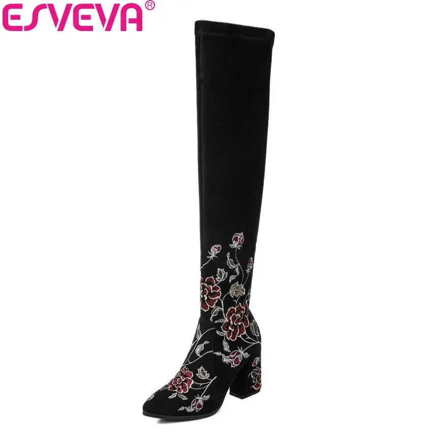 

ESVEVA 2018 Women Boots Shoes Slim Look Cow Suede Square High Heels Shoes Embroidery Round Toe Over The Knee Boots Size 34-39
