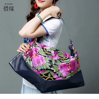 

XIYUAN BRAND 2017 new national trend embroidered bags handmade flower embroidery ethnic leather shoulder hand bag handbags blue