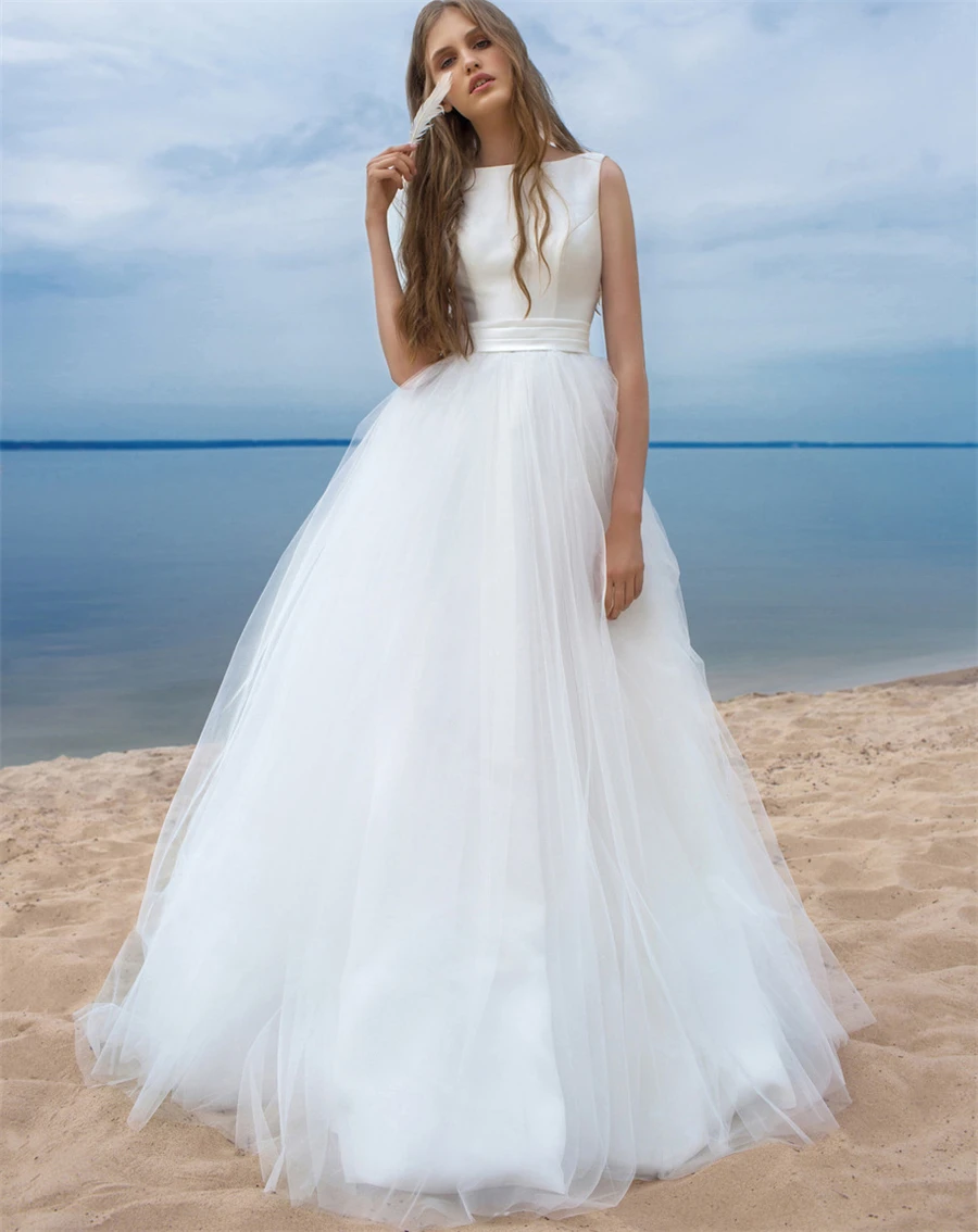 Eightale пляжные свадебные платья с круглым вырезом простые белые тюлевые пояса с бантом Boho Свадебное платье Арабские Свадебные платья vestido novia сатин