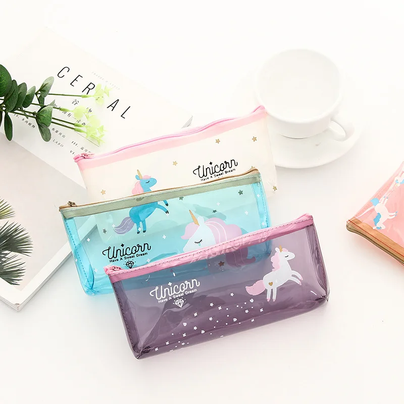 Unicorn Design Multi Color Transparent Pencil Case Stationery Storage Organizer Cosmetic Pouch School Office Supplies