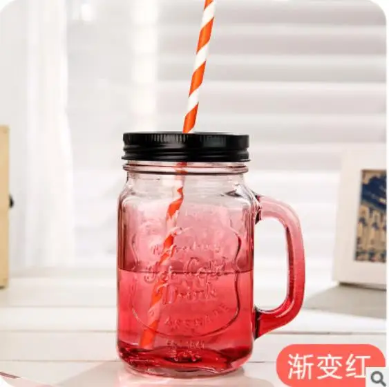 450ml Glass Mason Jar Mug with Lid and Straw Summer Ice Cream Fruit Cold Drinking Water Jars Juice Cup - Цвет: 4