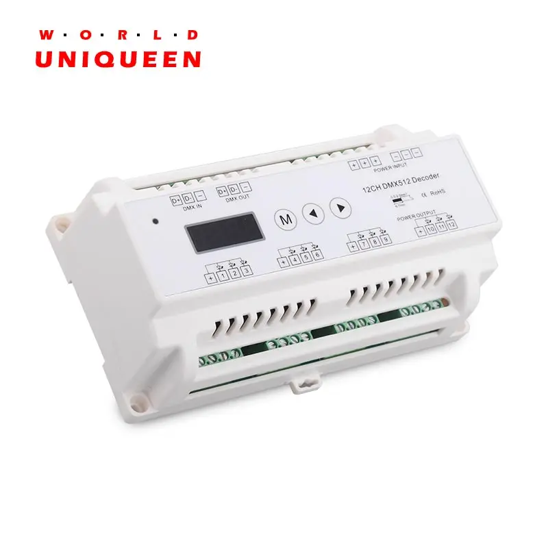 

DC5-24V 12CH output DMX512 PWM dimming decoder with digital tube display ,35mm guide din rail install type, 5A/CH max output